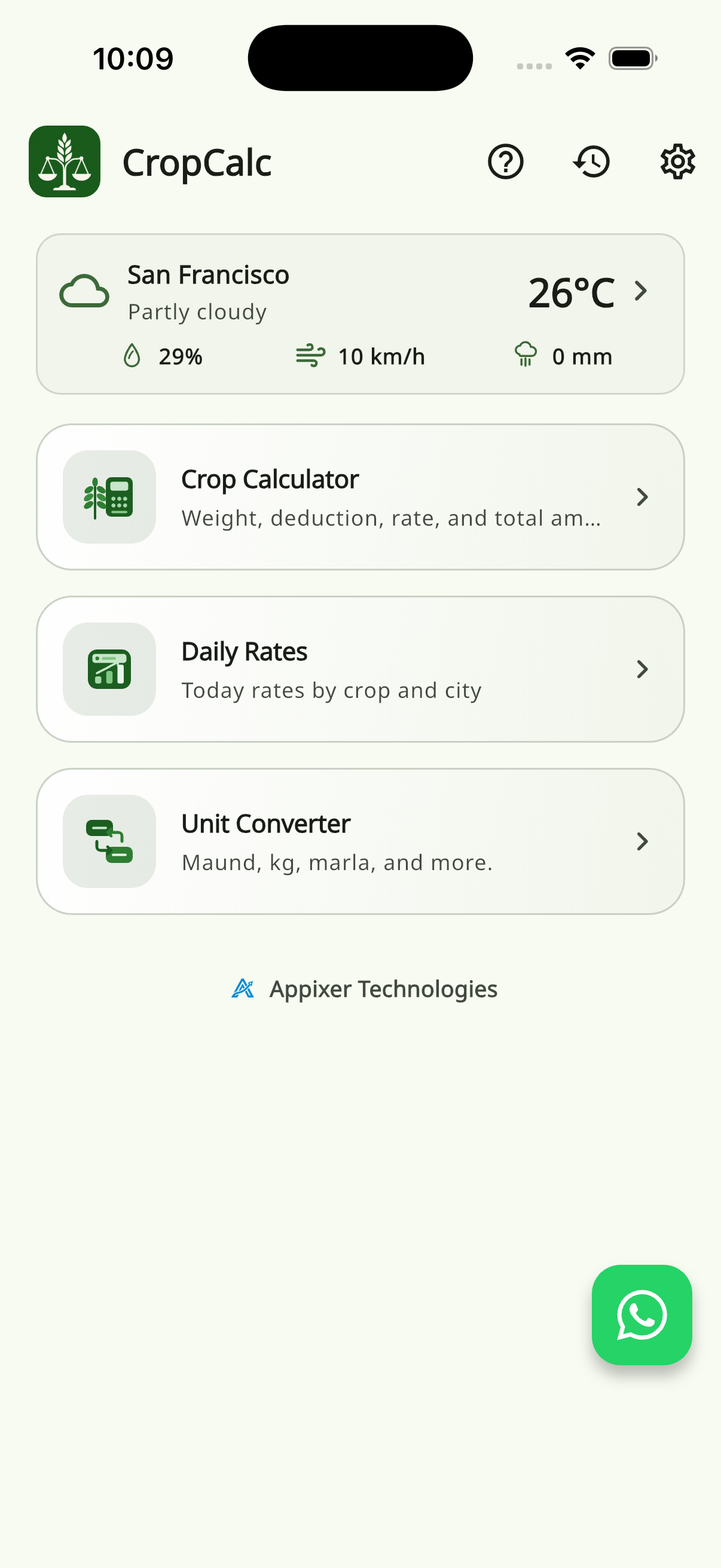 CropCalc home screen with weather, calculator, daily rates, and converter